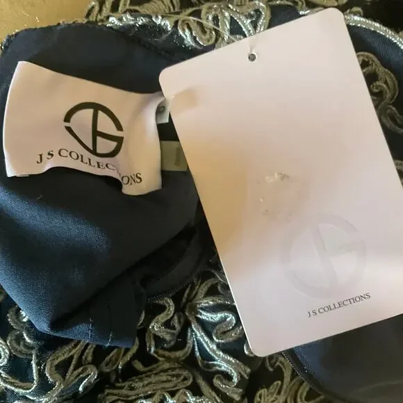 JS Collections Embroidered Lace Short Sleeve Evening Gown Blue Size 6 Dress - Picture 8 of 10